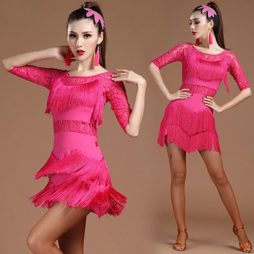 Women young girls black red fuchsia blue lace fringed Latin dance dresses latin rumba chacha performance dress for lady 